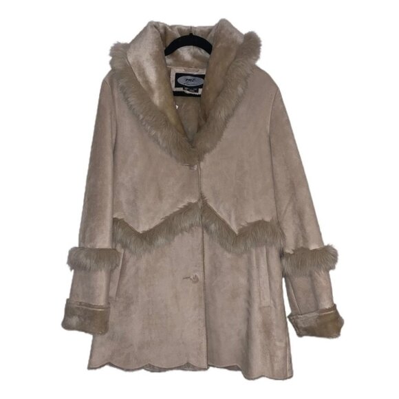 Vintage Faux Suede Coat Women’s Size Medium M. E. Internationale Long Fur Beige - Picture 1 of 11